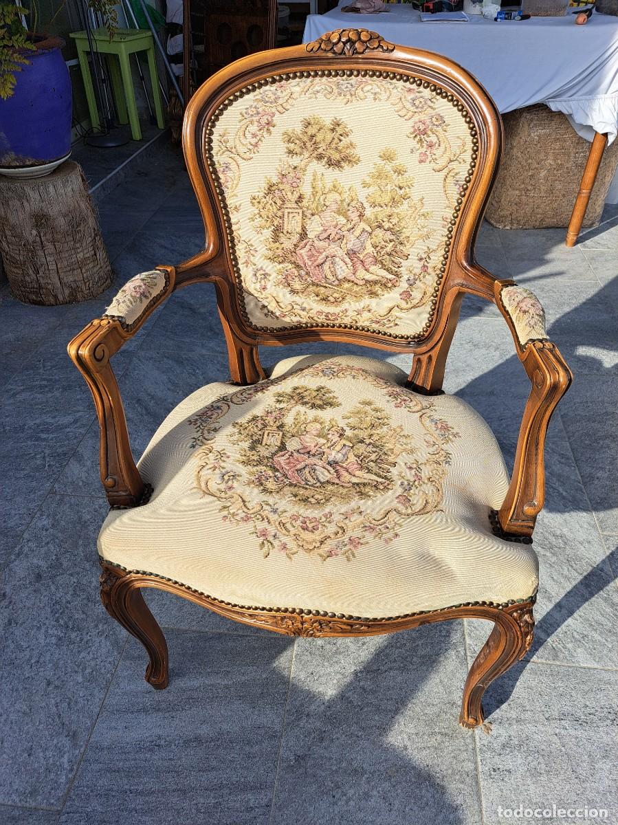 Antig&uuml;edades: Antiguo sill&oacute;n de madera de roble tallada , isabelino con tapicer&iacute;a de tapiz, romantica.