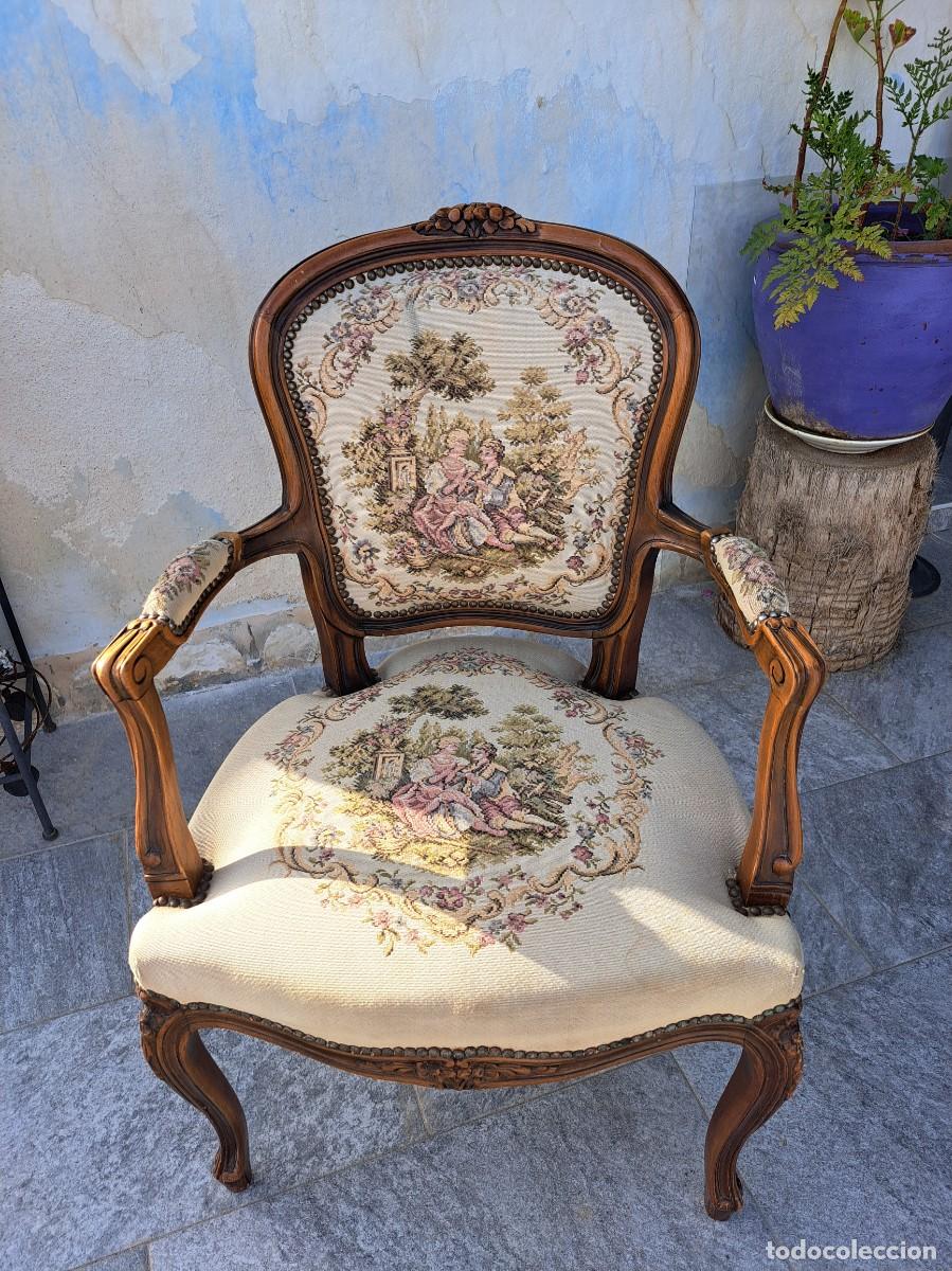 Antig&uuml;edades: Antiguo sill&oacute;n de madera de roble tallada , isabelino con tapicer&iacute;a de tapiz, romantica.