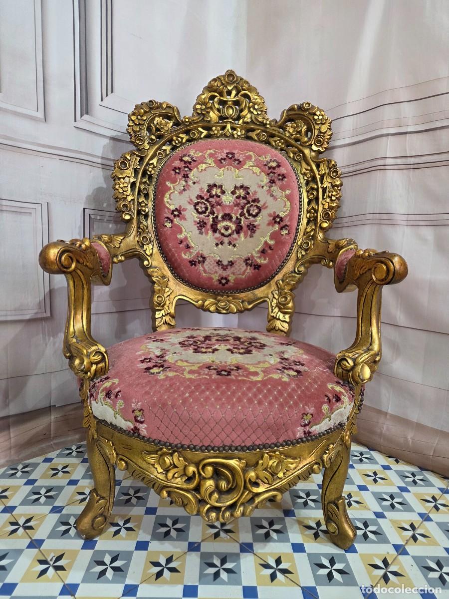 Antig&uuml;edades: Sill&oacute;n trono de madera y pan de oro estilo barroco - Foto 1