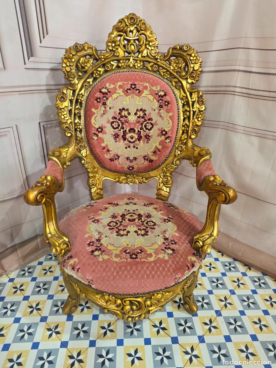 Antig&uuml;edades: Sill&oacute;n trono de madera y pan de oro estilo barroco - Foto 2