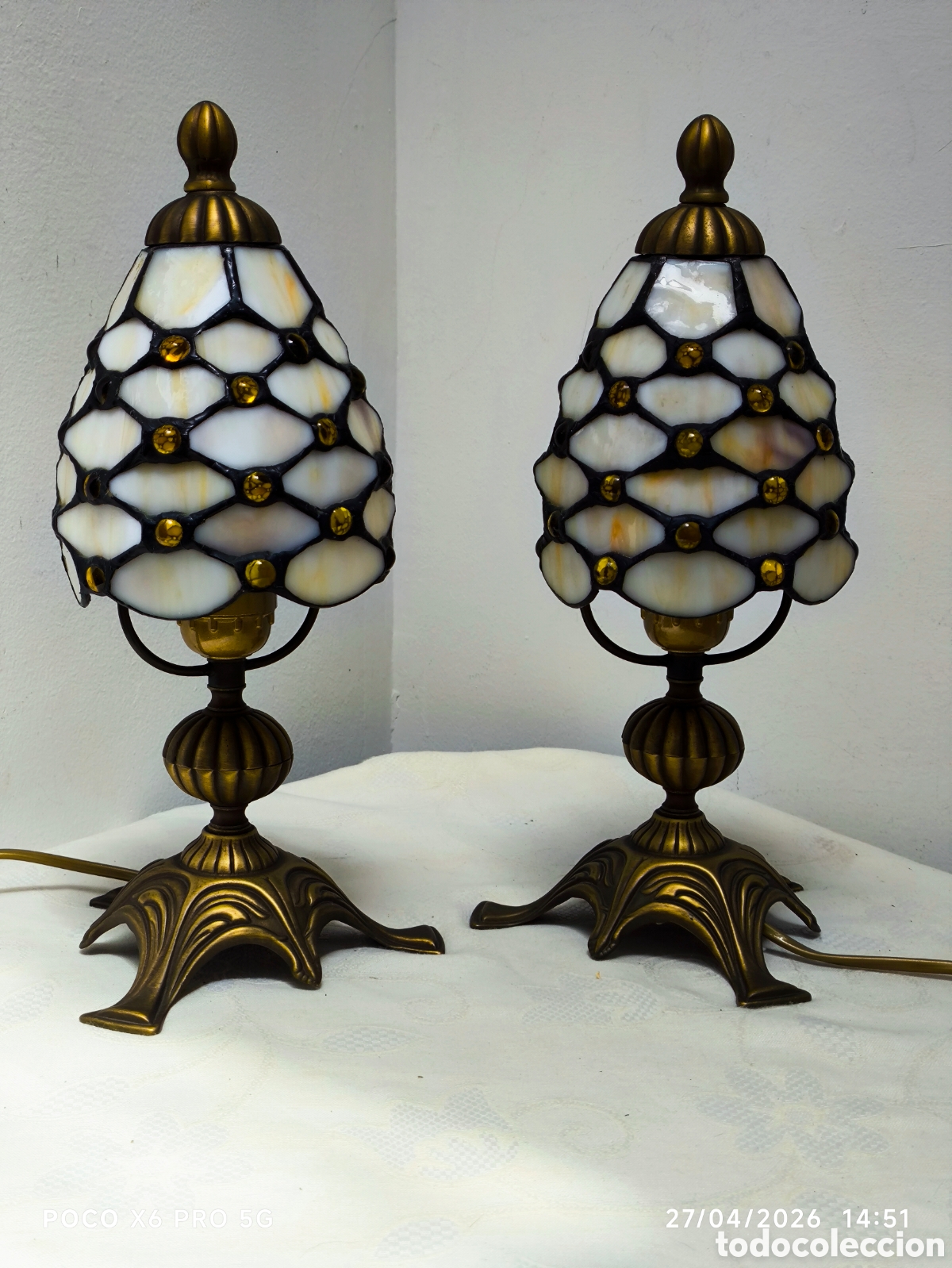 Antig&uuml;edades: Pareja de l&aacute;mparas vintage estilo Tiffany ambar