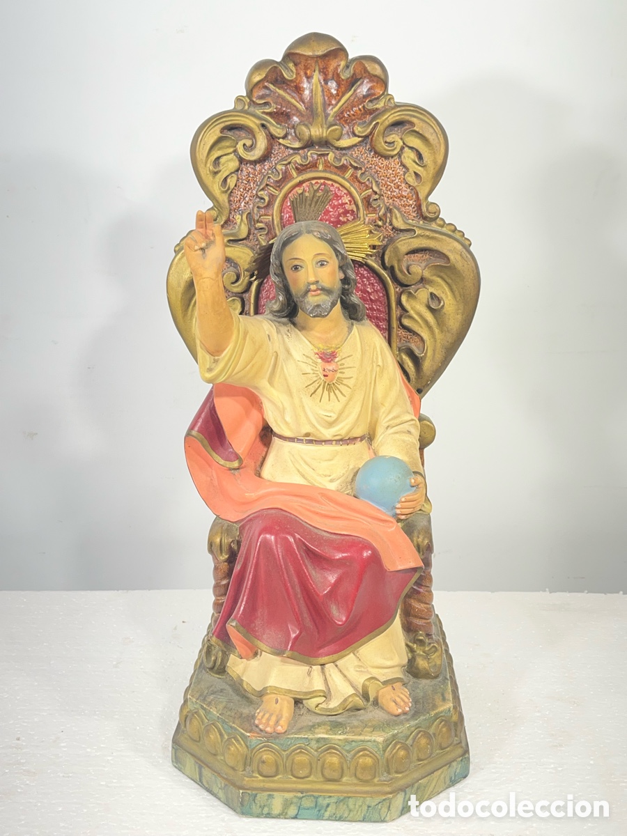 Antig&uuml;edades: Sagrado Coraz&oacute;n de Jes&uacute;s en trono policromado