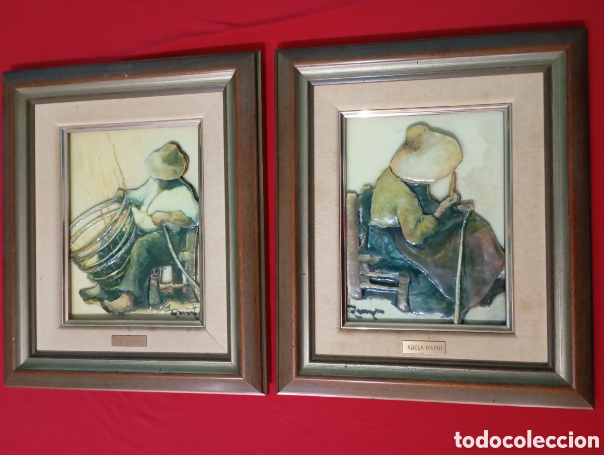 Antig&uuml;edades: Canasteros Cer&aacute;mica Esmaltada Pareja Relieves Adela Mar&iacute;n A&ntilde;os 60-70 vidriada craquelada artesan&iacute;a
