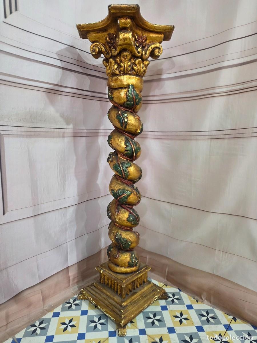 Antig&uuml;edades: Columna salom&oacute;nica de estilo barroco tallada en madera, policromada