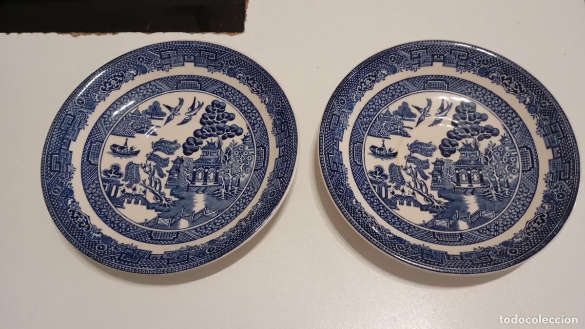 Antig&uuml;edades: BONITO JUEGO DE 2 PLATILLOS PARA TAZA DE T&Eacute; DE CER&Aacute;MICA POR TRANSFERENCIA AZUL,JOHNSON BROS.,WILLOW