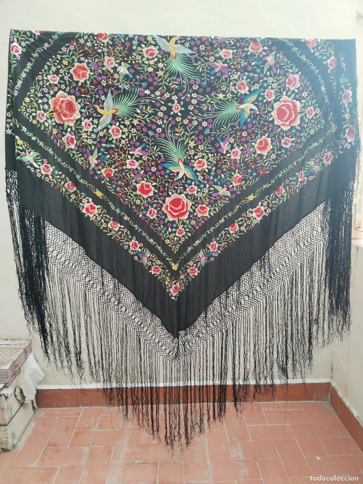 Antiques: mant&oacute;n de manila con pajaros vintage