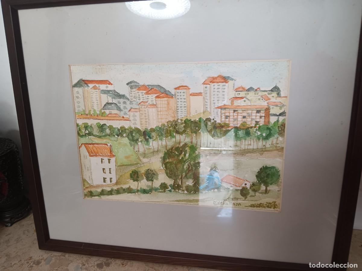 Antig&uuml;edades: acuarela original que representa un paisaje urbano con edificios altos y v