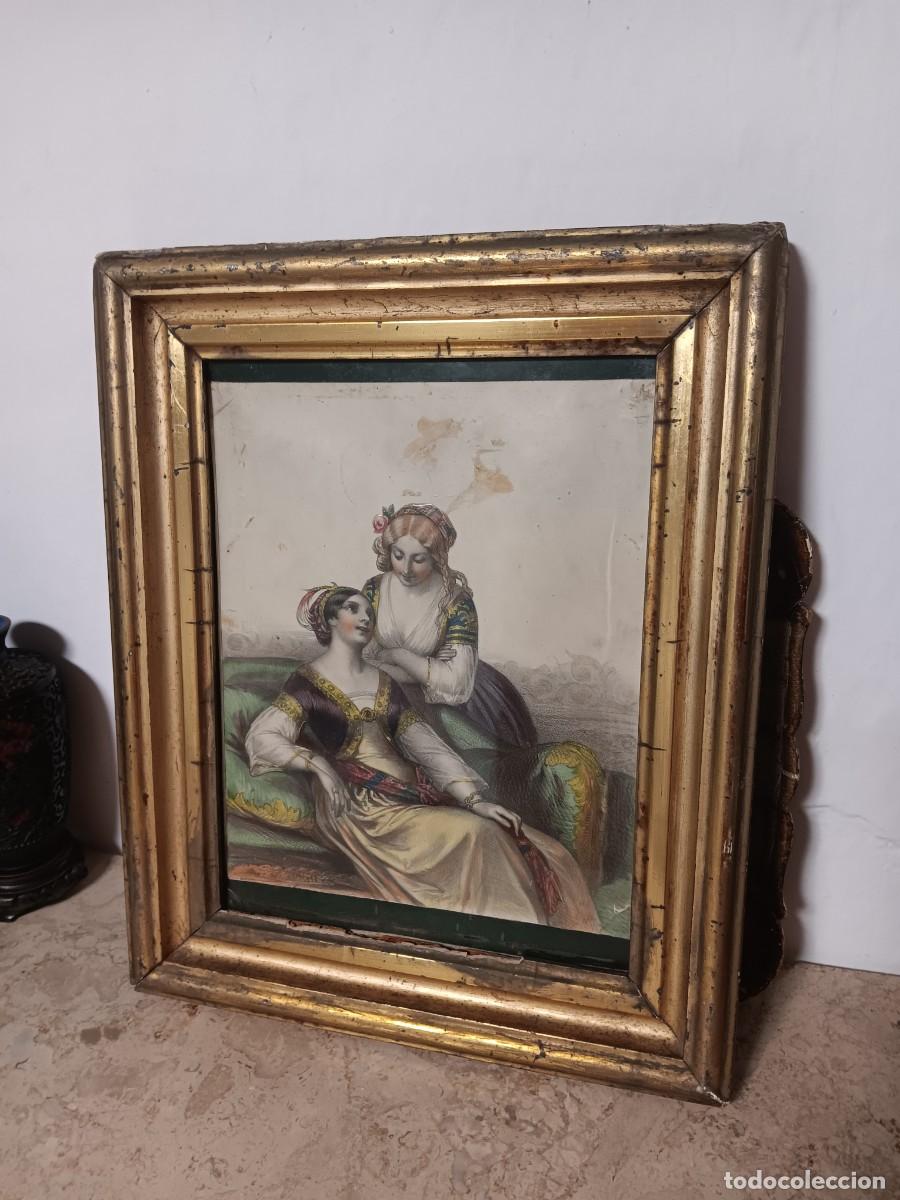 Antig&uuml;edades: grabado antiguo obra francesa del siglo XIX, posiblemente una litograf&iacute;a coloreada.Es