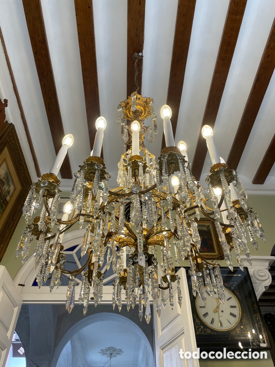 Antig&uuml;edades: L&aacute;mpara bronce y cristal tallado siglo XIX