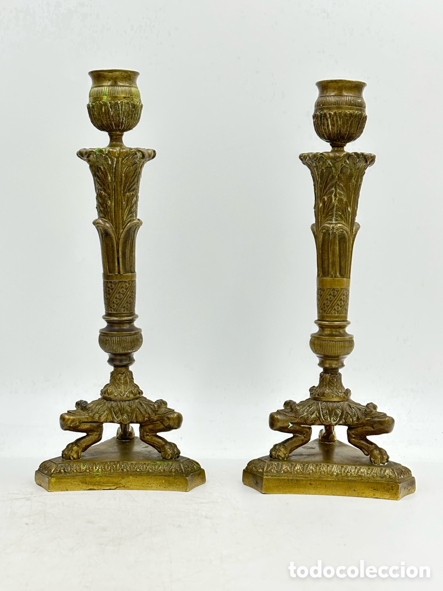Antiquit&eacute;s: Candelero - pareja de candeleros Imperio en bronce - siglo XIX