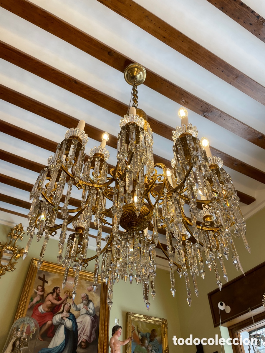 Antig&uuml;edades: L&aacute;mpara cristal tallado y oro fino siglo XIX