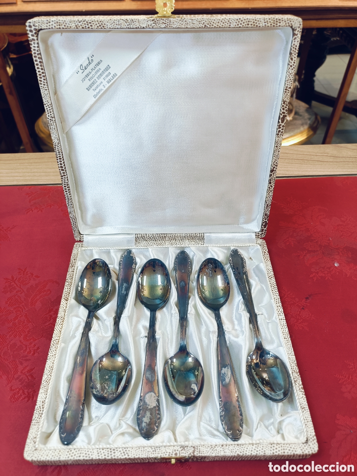 Antig&uuml;edades: ANTIGUO JUEGO DE 6 CUCHARILLAS DE POSTRE . MENESES. ALPACA CON BA&Ntilde;O PLATA . CON ESTUCHE ORIGINAL