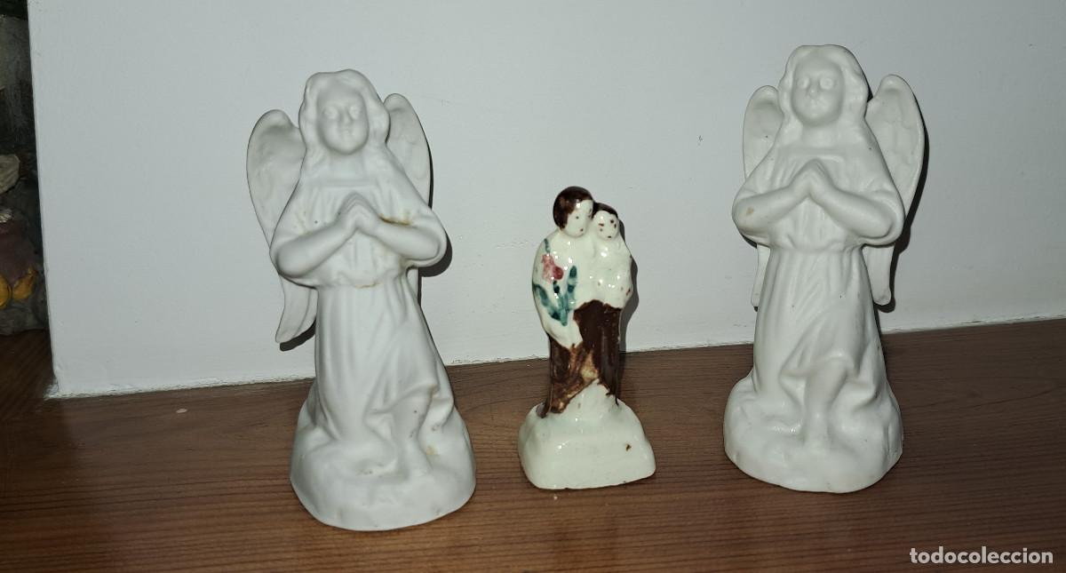 Antig&uuml;edades: PAREJA DE ANGELES CUSTODIOS EN PORCELANA BISCUIT m&aacute;s VIRGEN CON NI&Ntilde;O DE PORCELANA