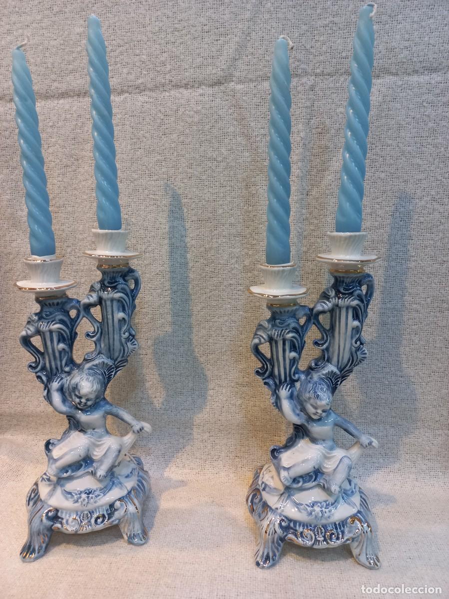 Antig&uuml;edades: PAREJA CANDELABROS &uml;CAPODIMONTE&uml; querub&iacute;n (azul) dos velas