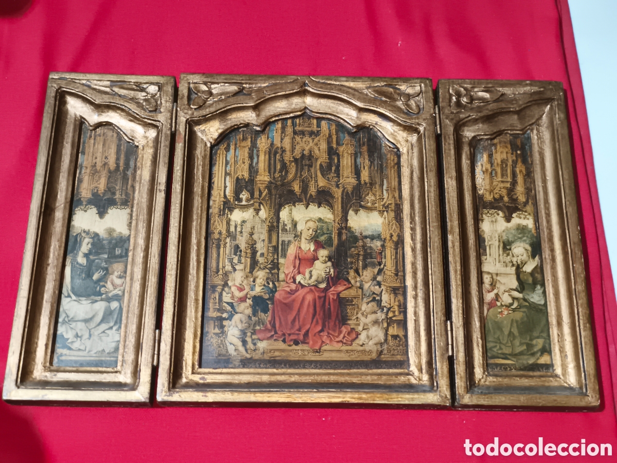 Antig&uuml;edades: Tr&iacute;ptico retablo de madera policromada - Foto 1
