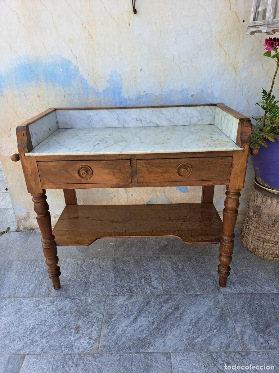 Antig&uuml;edades: Mueble lavabo antiguo estilo Frances victoriano S.XIX.Palanganero 2 cajones y marmol blanco Nogal