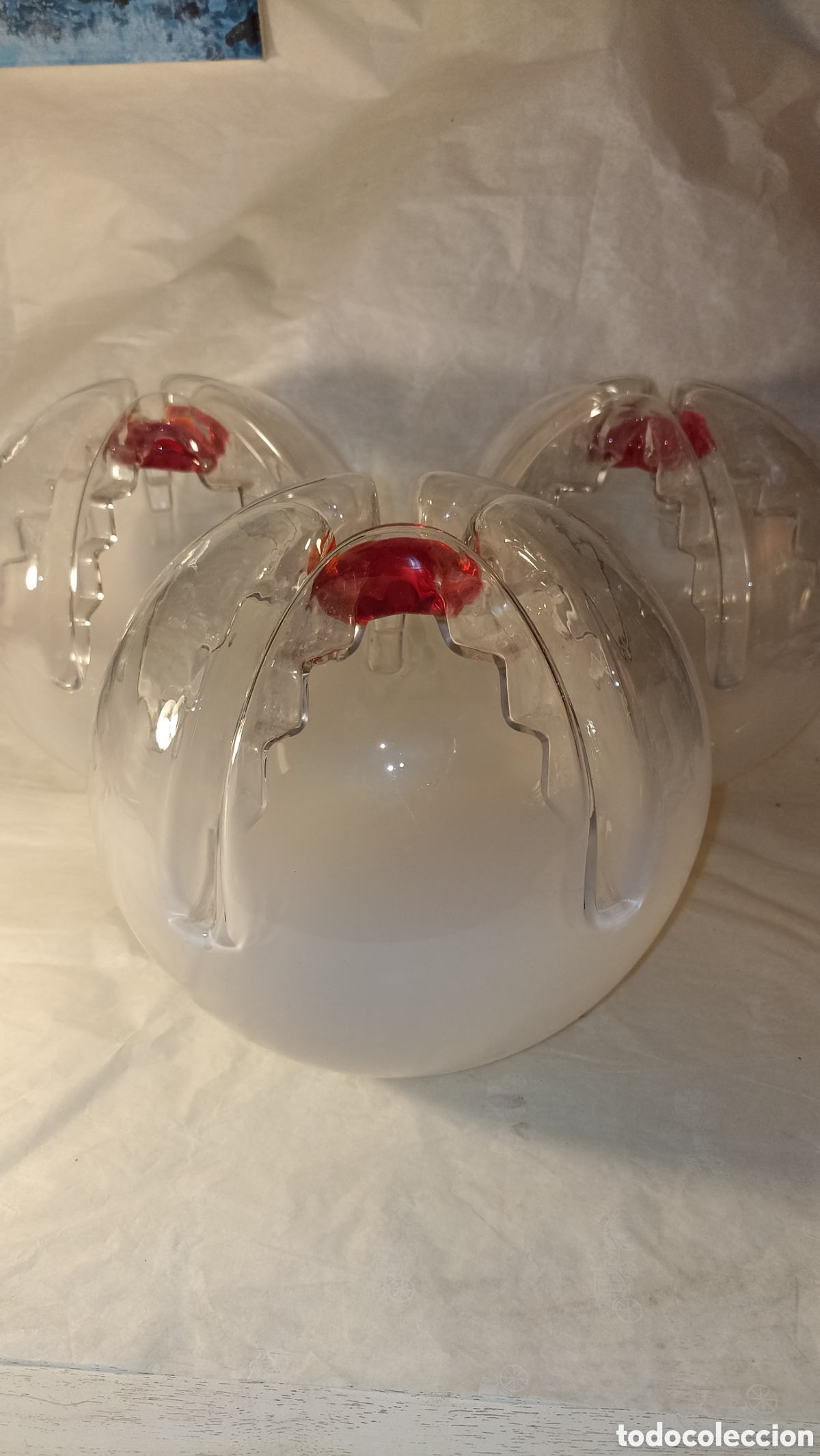 Antig&uuml;edades: Lote 3 Tulipas Vintage Cristal de Murano - Dise&ntilde;o Espacial / Mid-Century - Rojo y Opalino 20 cm