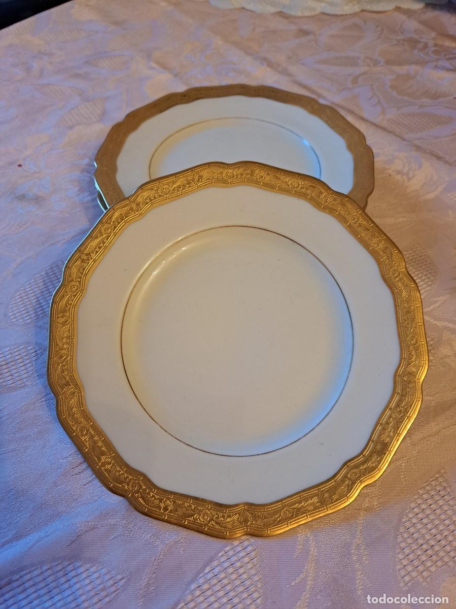 Antig&uuml;edades: Lote de 3 platos de pan de porcelana con borde en oro 24 k Hutschenreuther Hohenberg Germany, 1939