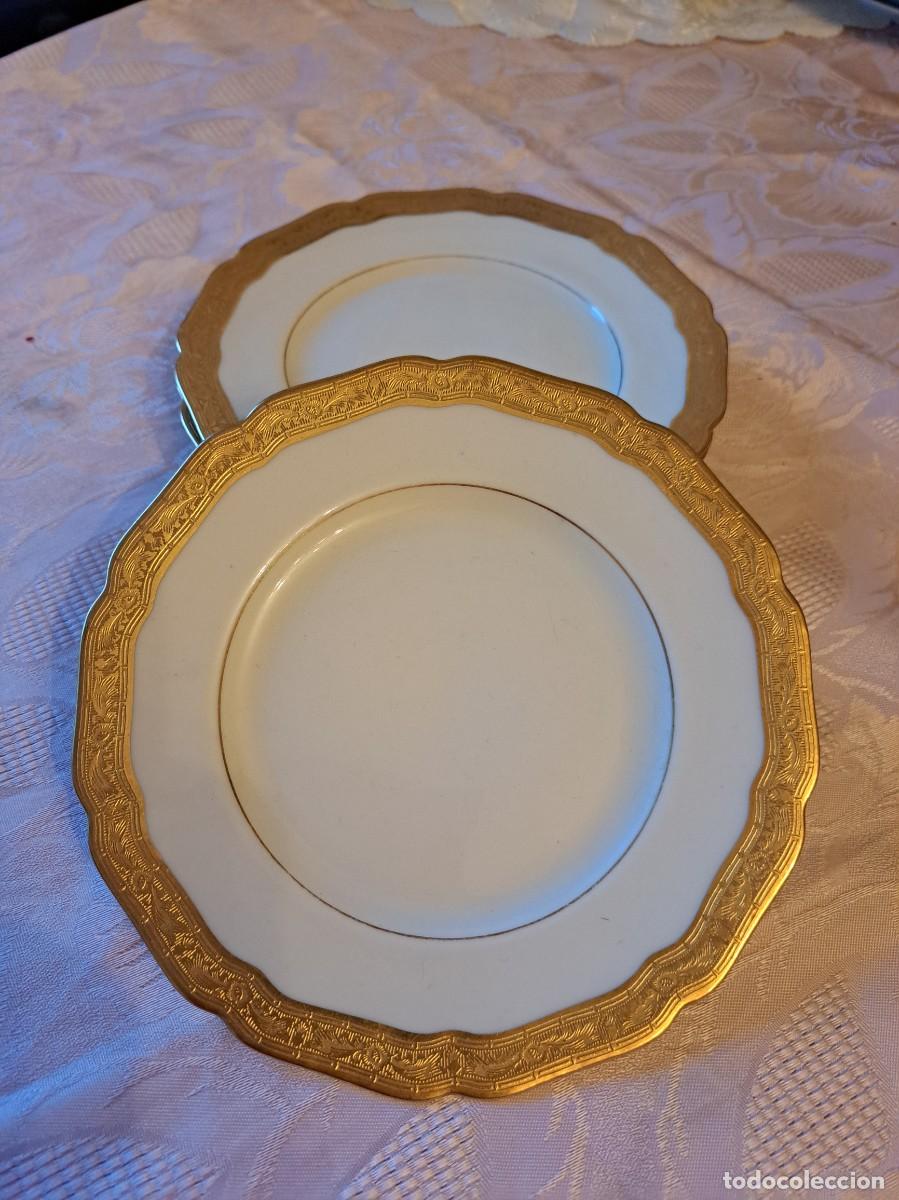 Antig&uuml;edades: Juego de 4 platos de pan de porcelana con ribete en oro 24 k, 1939-Hutschenreuther Hohenberg