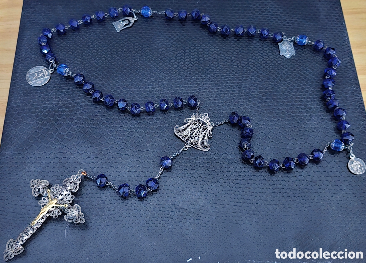 Antig&uuml;edades: INUSUAL ROSARIO SIGLO XIX PLATA CON MEDALLAS NUESTRA SE&Ntilde;ORA DEL CAMINO - CRISTAL AZUL MUY RARO 50CM