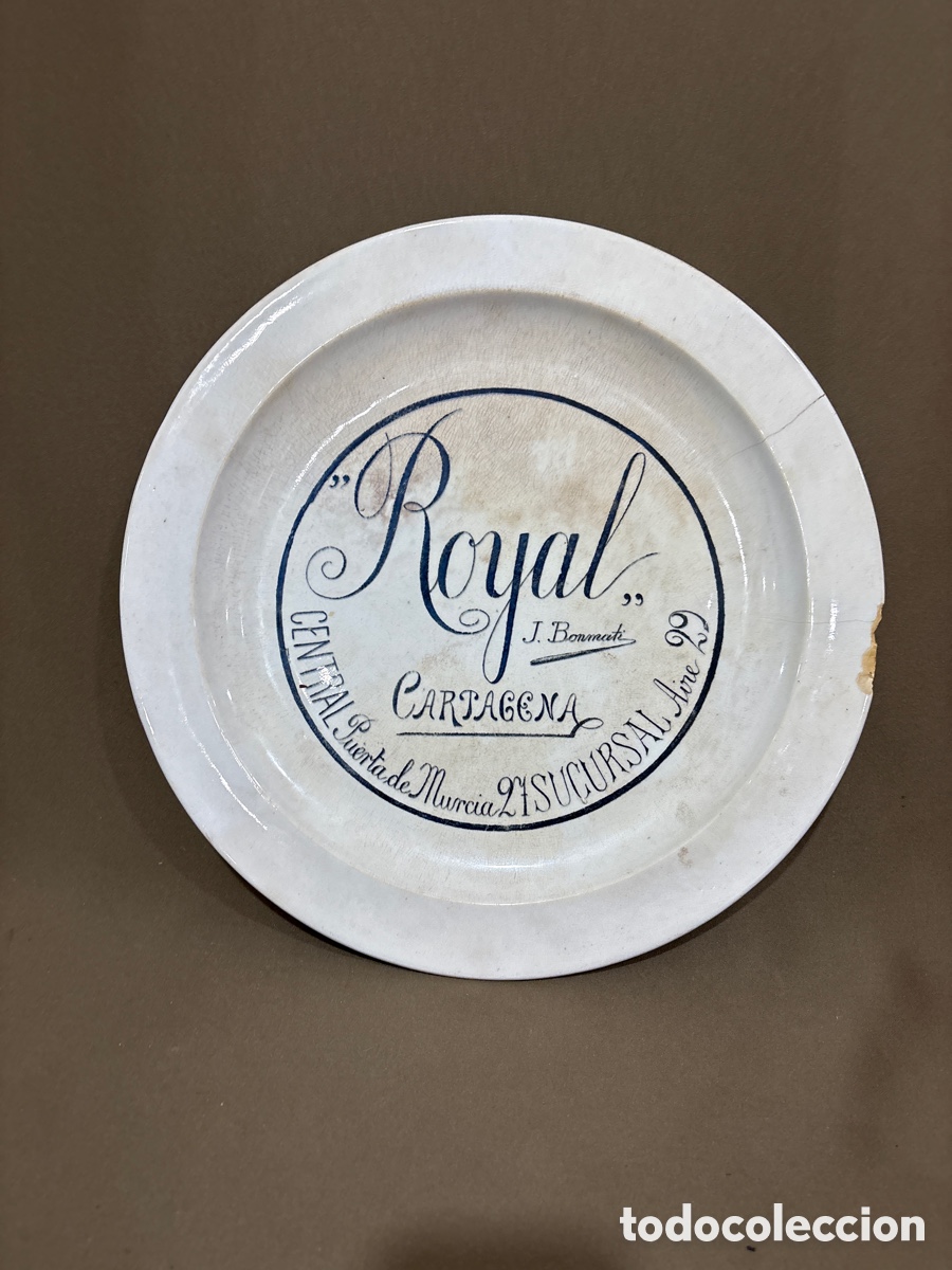 Antig&uuml;edades: Antiguo plato publicitario banco ROYAL CENTRAL*CARTAGENA,MURCIA,SIGLO XIX.J.Bonmati,36cm de diametro