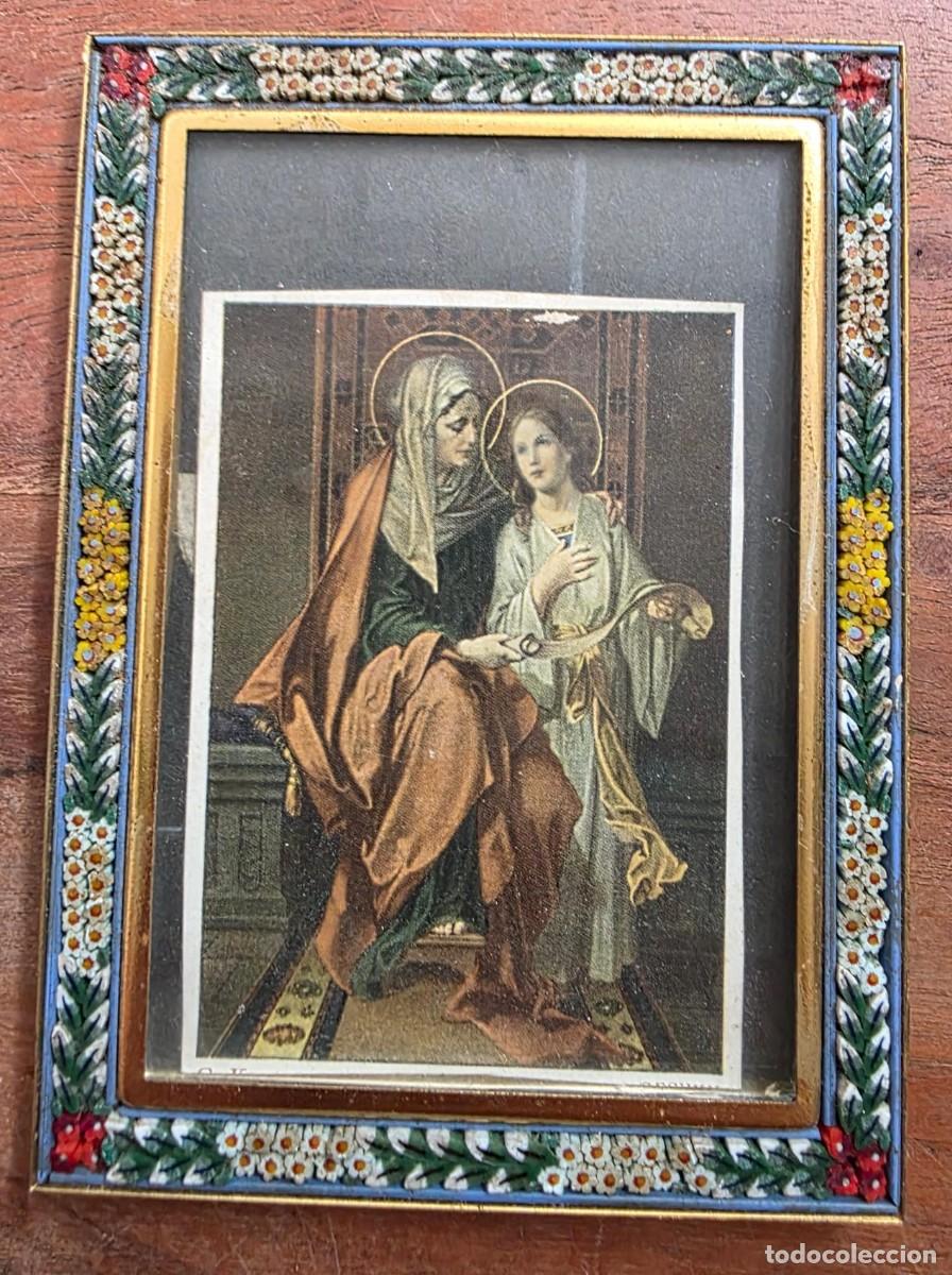 Antig&uuml;edades: Miniatura religiosa en marco floral esmaltado Virgen y Ni&ntilde;o estilo cl&aacute;sico 11x8