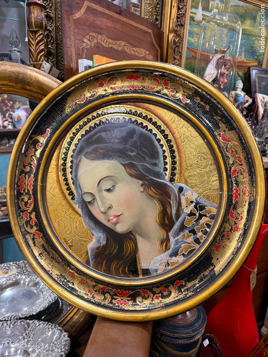Antig&uuml;edades: OLEO SOBRE TABLA Y ORO FINO CON IMAGEN DE LA VIRGEN FIRMADA POR AUTOR - MEDIDA 53 CM - RELIGIOSO