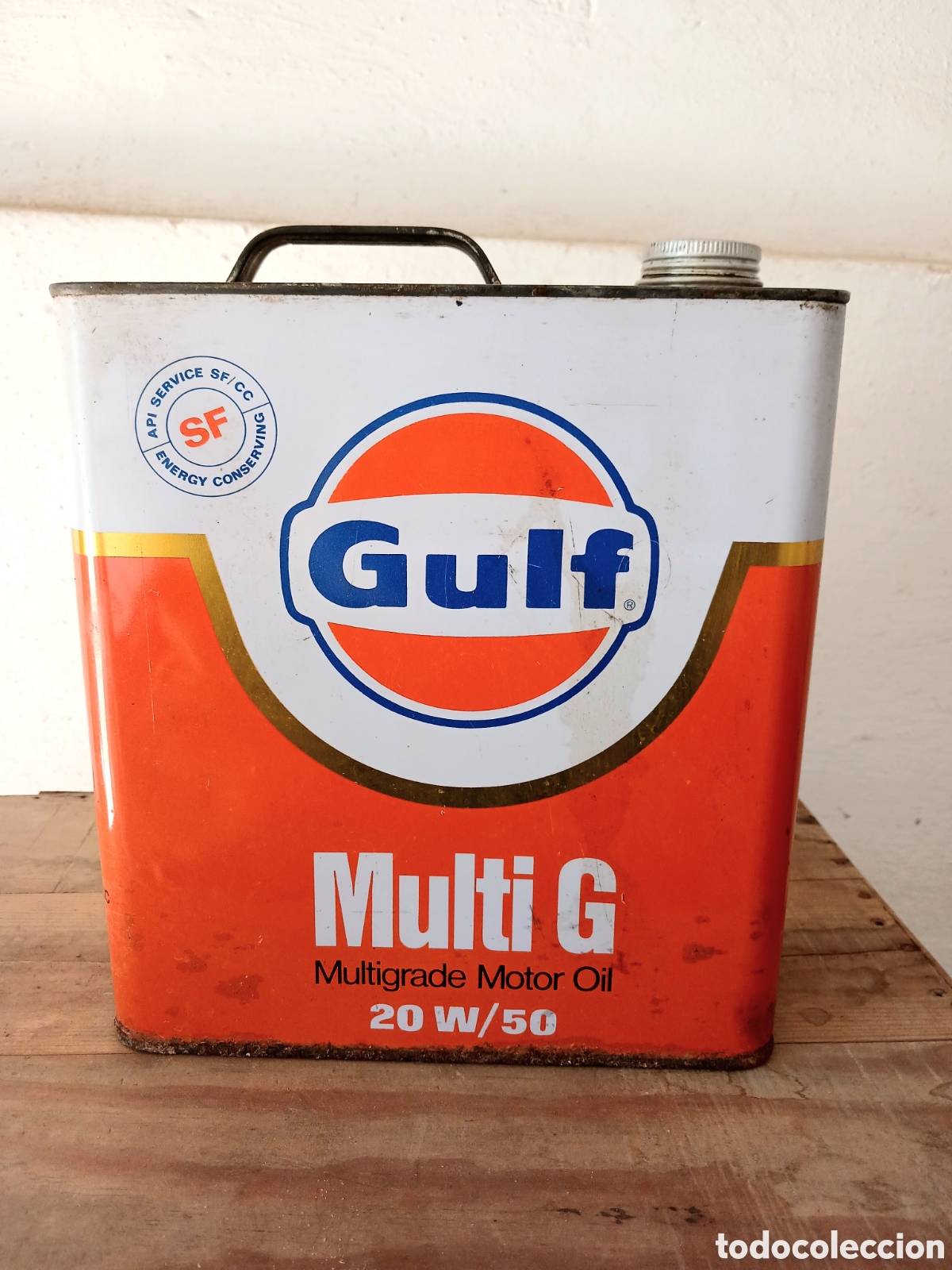 Antig&uuml;edades: Lata vintage de aceite de motor Gulf Multi G 20W/50