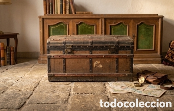 Antig&uuml;edades: Ba&uacute;l Saratoga 1.880 | Interior Damasco Azul Original | Pieza de Colecci&oacute;n