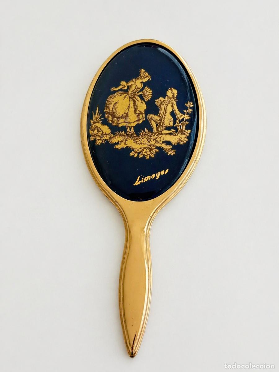 Antig&uuml;edades: ESPEJO DE MANO VINTAGE LIMOGES &ndash; PORCELANA AZUL COBALTO Y DECORACI&Oacute;N DORADA &ndash; FRANCIA