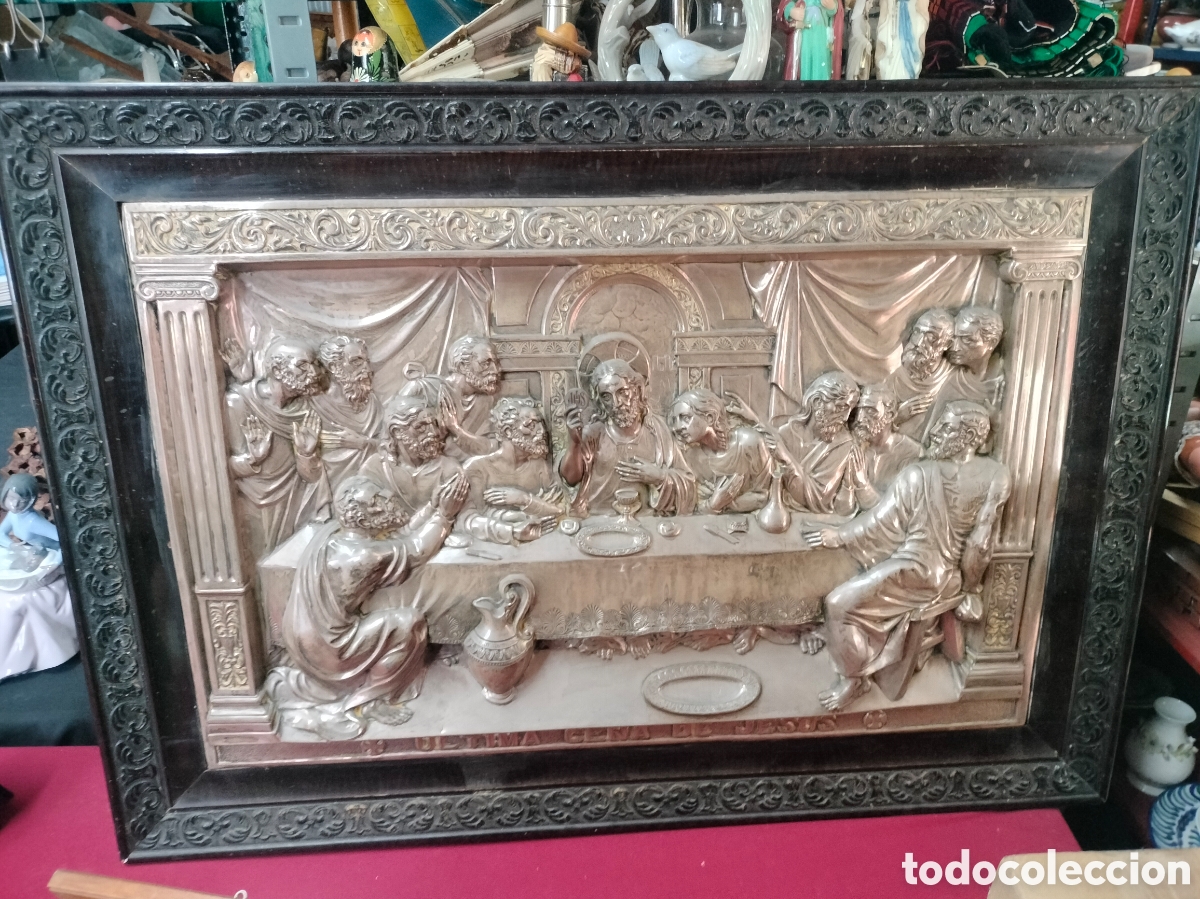 Antig&uuml;edades: Antiguo cuadro &uacute;ltima cena cobre repujado. A&ntilde;os 50