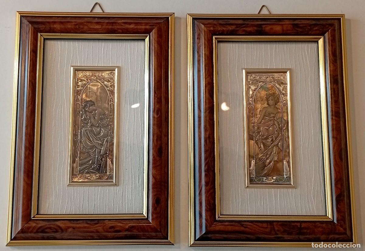 Antig&uuml;edades: Pareja Cuadros &rdquo;Alfons Mucha&rdquo; Plata de Ley 925 - Relieve Italiano Vintage