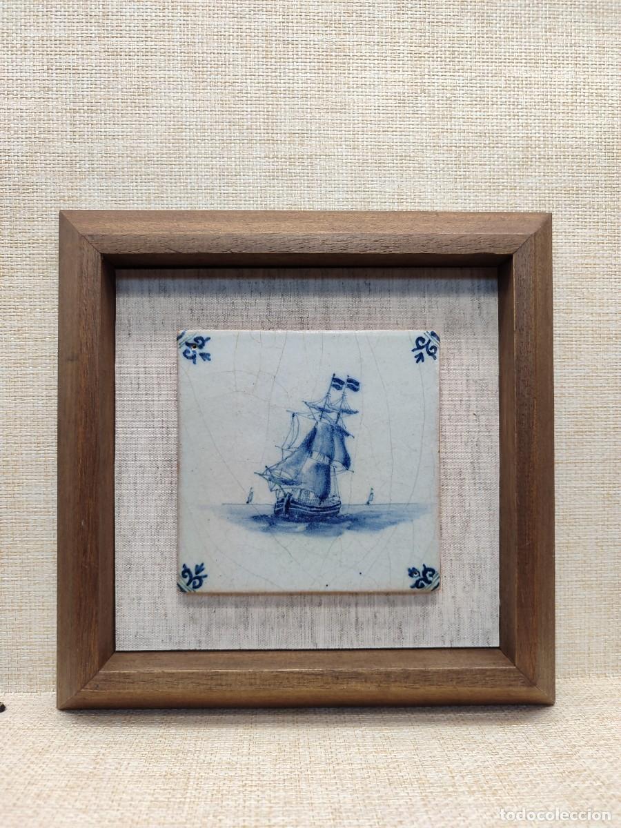 Antig&uuml;edades: Barco. Azulejo holand&eacute;s de Delft. Montaje de Quico. s. XVIII. Cuadro.