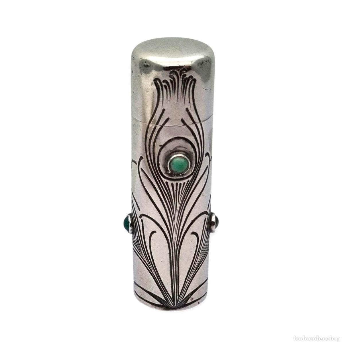 Antig&uuml;edades: Frasco ugendstil de plata 800 y piedras verdes, pavo real, Alemania, circa 1910
