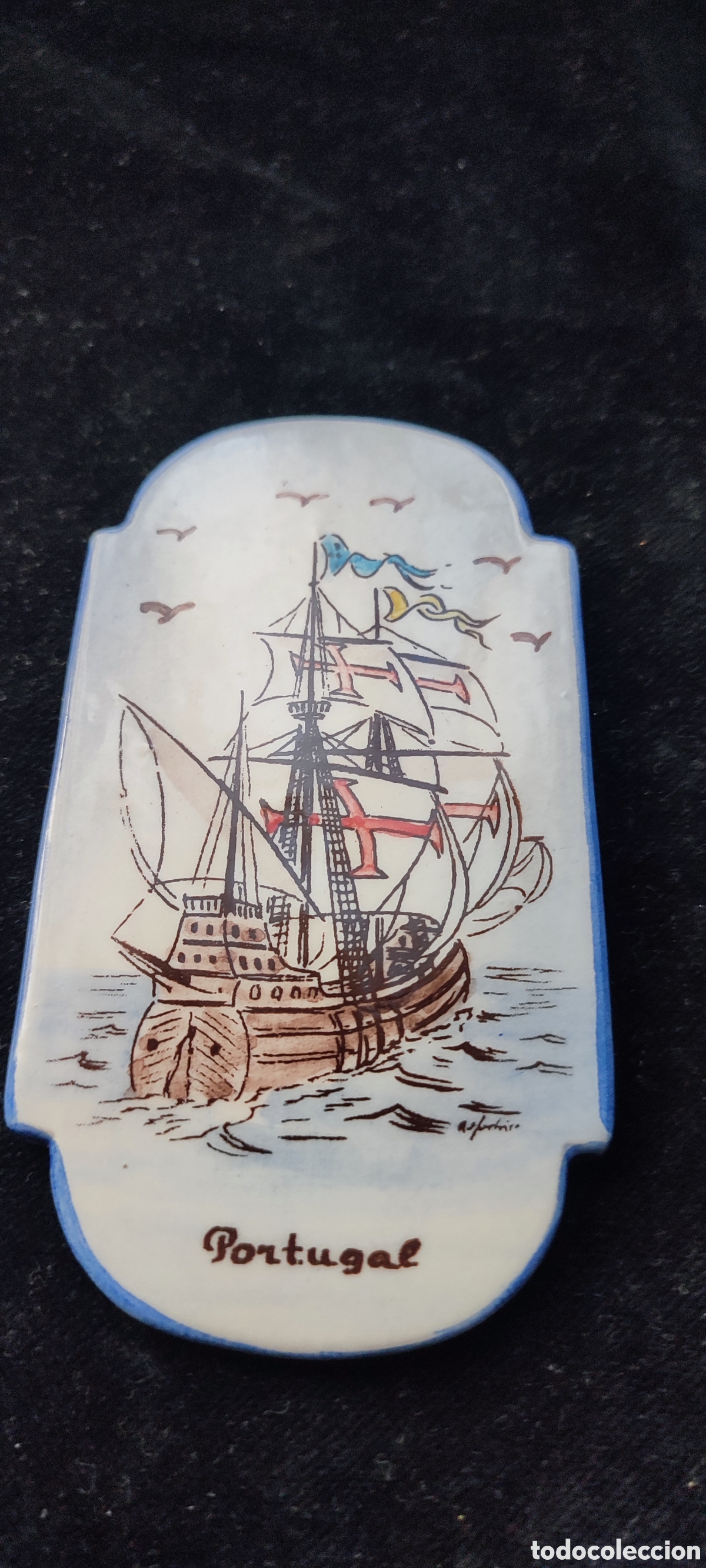 Antig&uuml;edades: Placa de cer&aacute;mica portuguesa pintada a mano por A. Monteiro