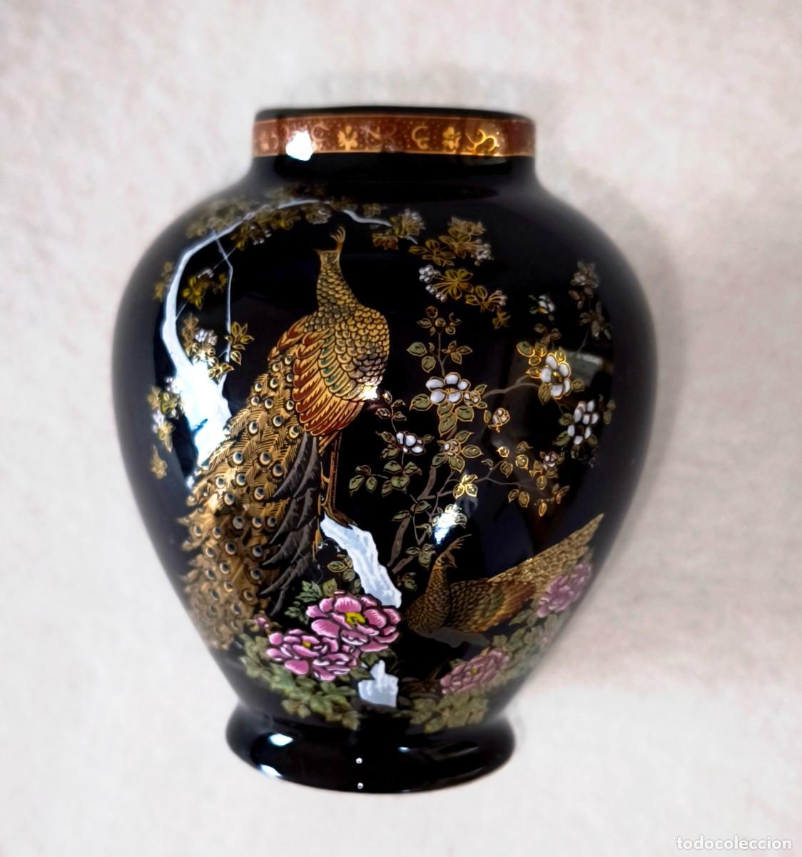 Antig&uuml;edades: JARR&Oacute;N VINTAGE DE PORCELANA NEGRA SATSUMA JAPAN DE LA D&Eacute;CADA DE 1970 CON PAVO REAL Y &Aacute;RBOL DE CEREZO