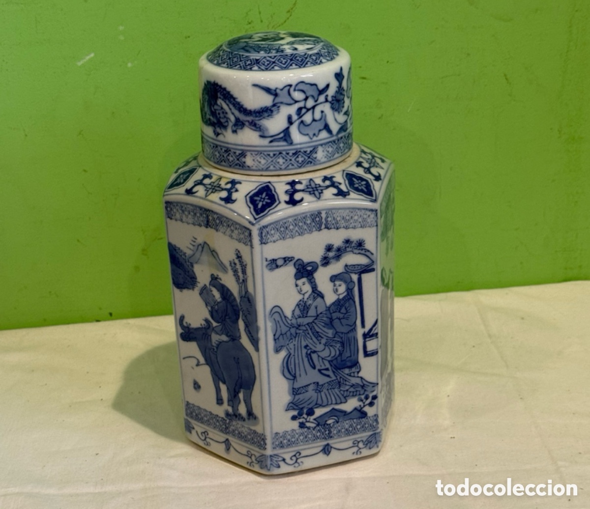 Antig&uuml;edades: Tarro porcelana chino azul y blanco con tapa escena oriental decoraci&oacute;n cl&aacute;sica