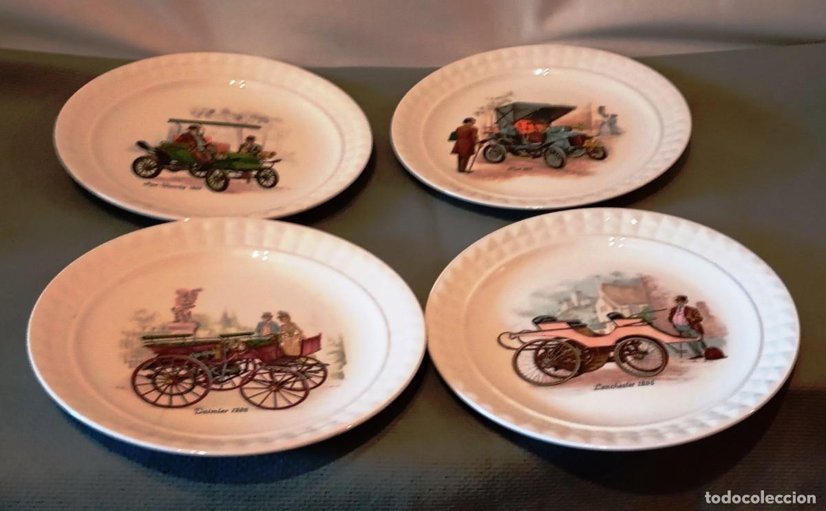 Antig&uuml;edades: 4 Platos Decorativos Pontesa Coches Antiguos. Conjunto de cuatro platos decorativos de porcelana