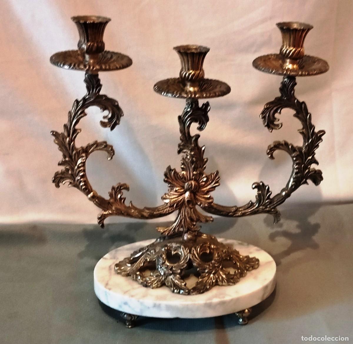 Antig&uuml;edades: Candelabro antiguo bronce 3 brazos m&aacute;rmol