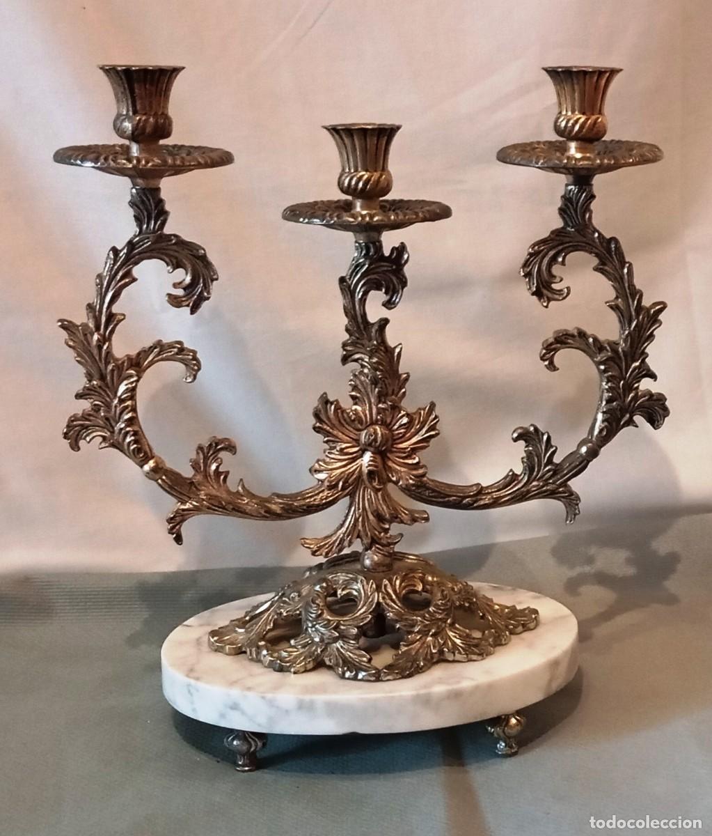 Antig&uuml;edades: Candelabro antiguo bronce 3 brazos m&aacute;rmol - Foto 2