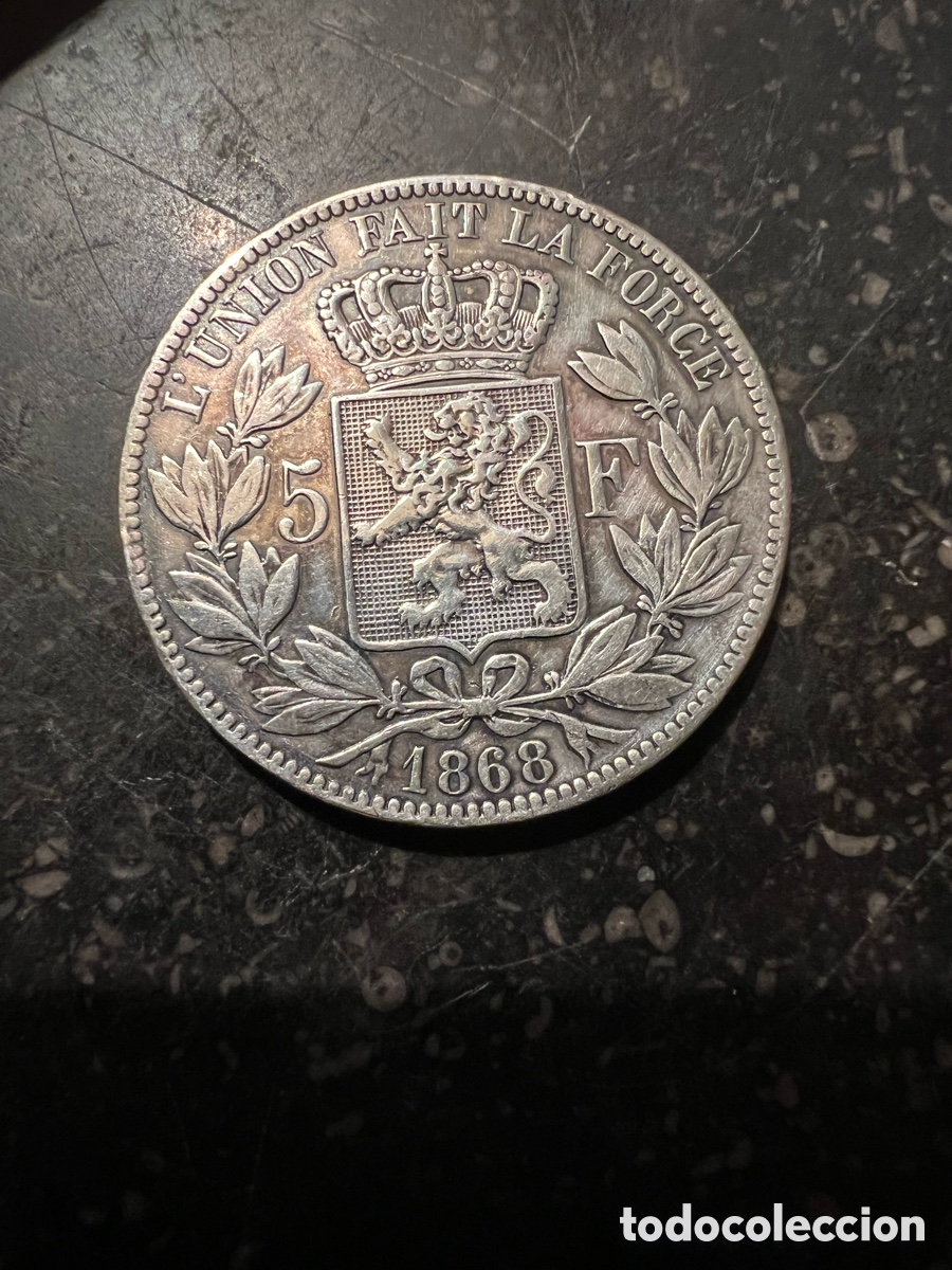 Antig&uuml;edades: Moneda 5 francos belgas Leopold 2 a&ntilde;o 1868