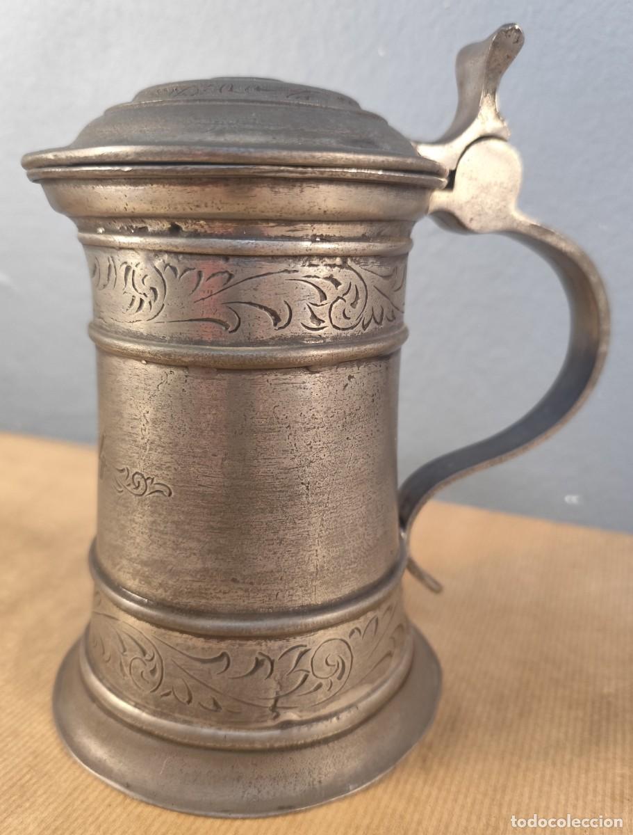 Antig&uuml;edades: Jarra de esta&ntilde;o Frieling Zinn 92% Germany con tapa &middot; relieve