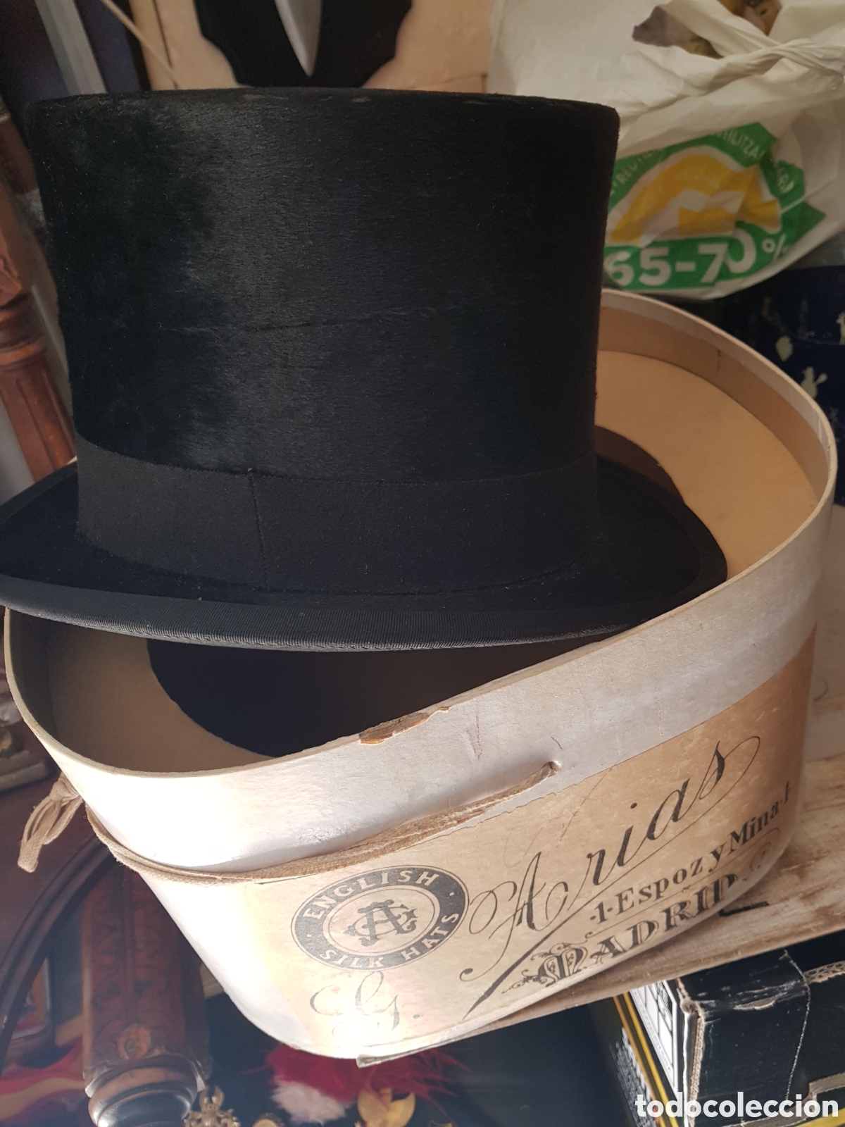 Antig&uuml;edades: ESPECTACULAR Y ANTIGUO SOMBRERO DE COPA DE LA PRESTIGIOSA CASA ARIAS DE MADRID TALLA 56 Y MEDIO