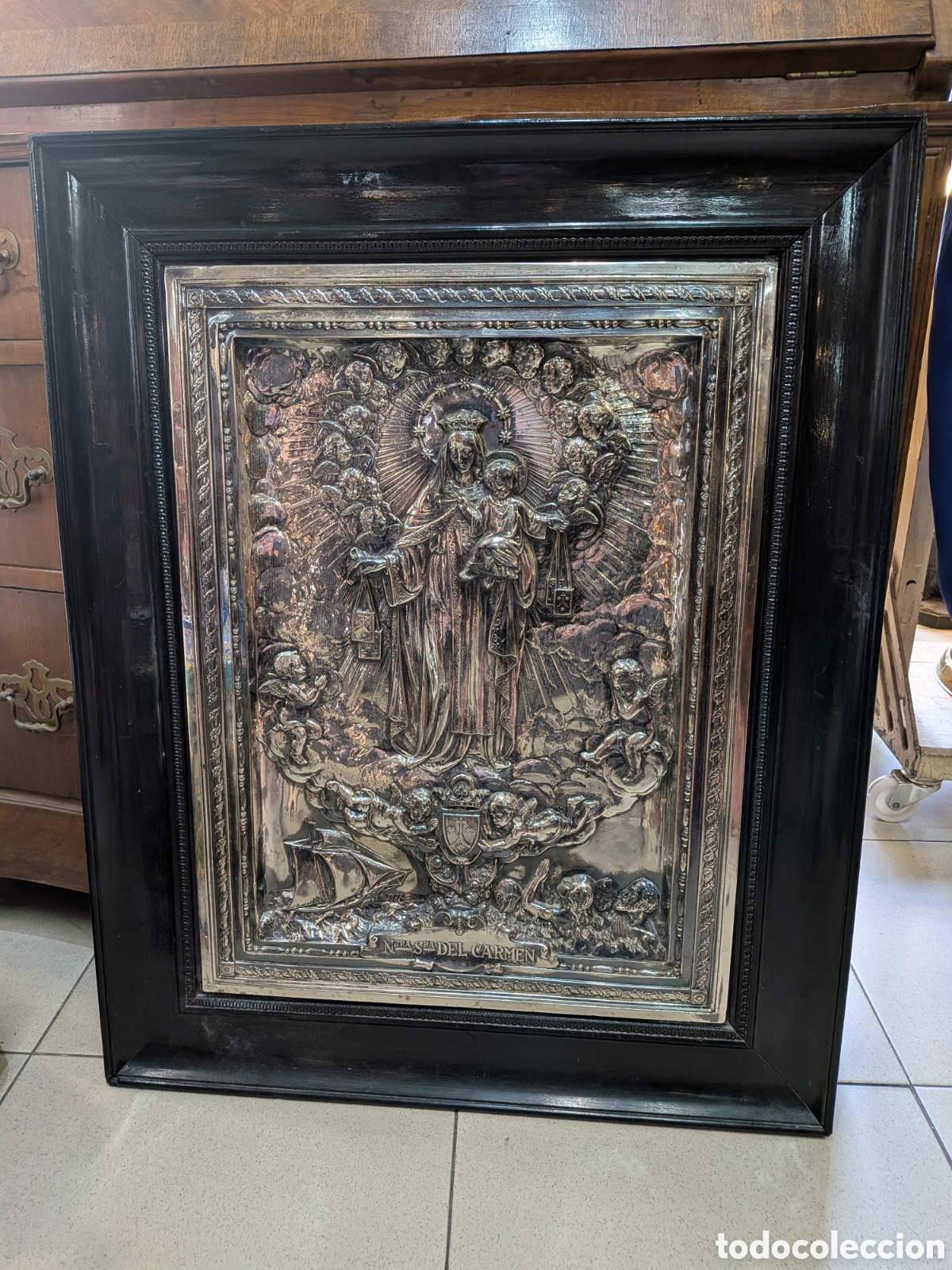 Antig&uuml;edades: Gran placa de la Virgen del carmen en metal plateado. REF-454/2