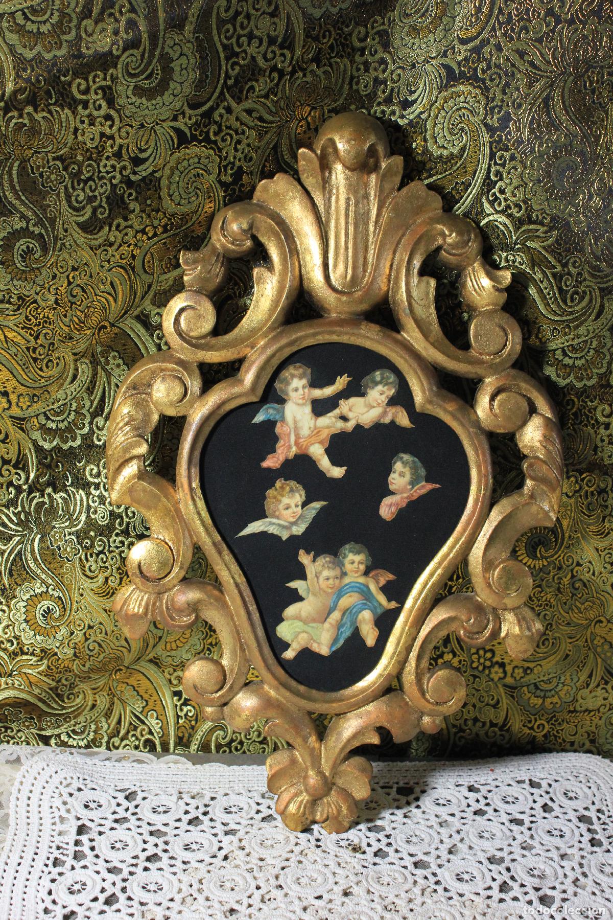 Antig&uuml;edades: Antigua Cornucopia de &Aacute;ngeles, Litograf&iacute;a Art Nouveau, Antigua Litograf&iacute;a, Marco Madera Oro