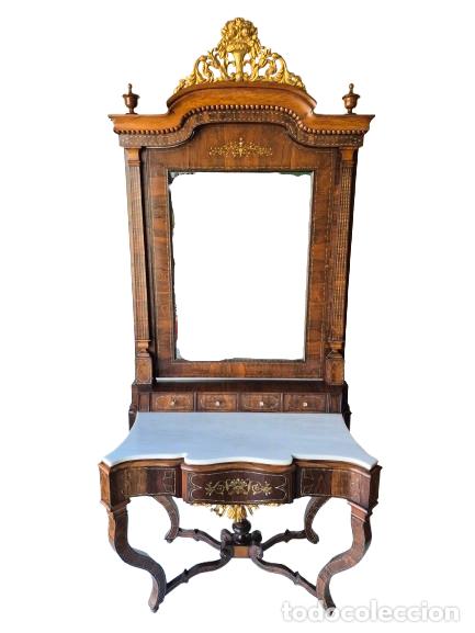 Antig&uuml;edades: Preciosa Consola Escritorio Isabelina - Espejo - Madera de Jacaranda y Marqueter&iacute;a de Lat&oacute;n - S.XIX
