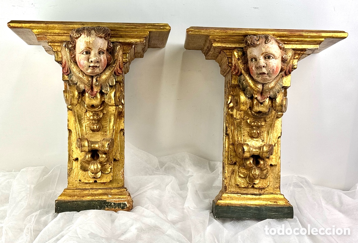 Antiquit&eacute;s: PAREJA DE M&Eacute;NSULAS BARROCAS, SIGLO XVIII - ANGELOTES - MADERA POLICROMADA