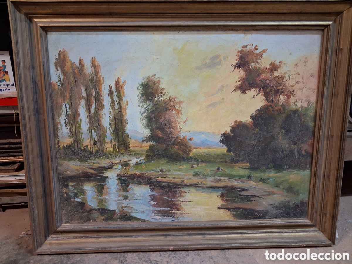 Antig&uuml;edades: paisaje &oacute;leo sobre lienzo firmado.