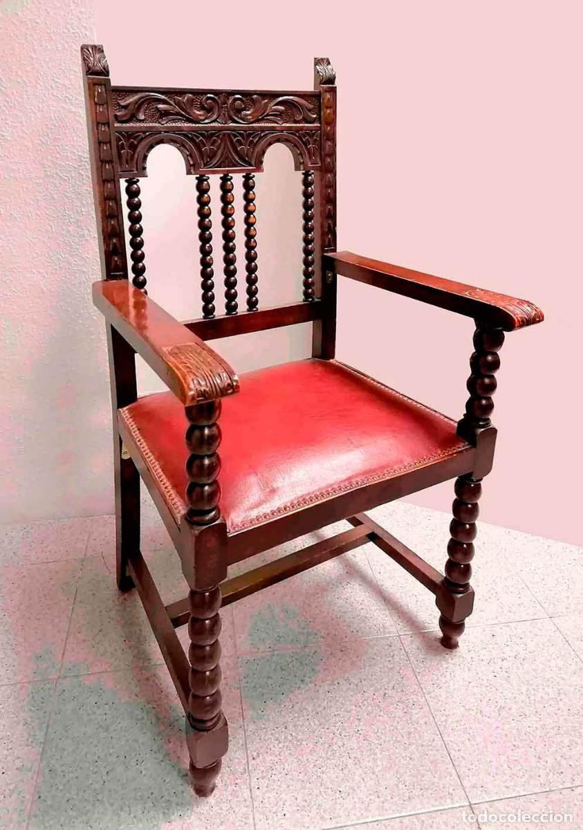 Antig&uuml;edades: Sill&oacute;n y 2 sillas de despacho de madera tallada de estilo renacimiento espa&ntilde;ol, s XIX