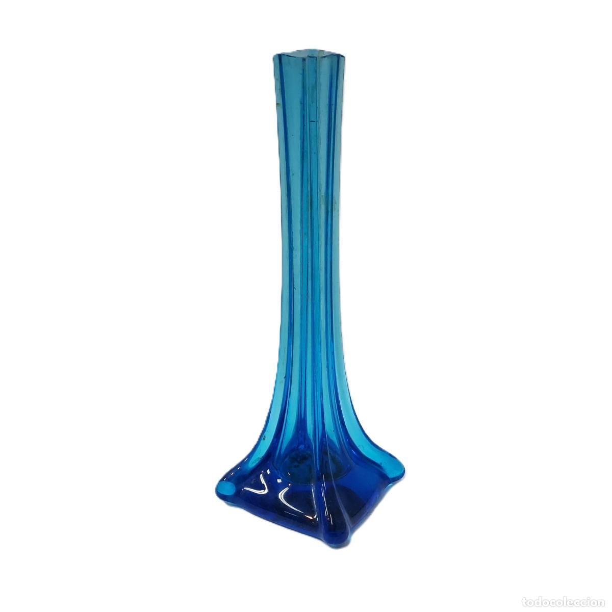 Antig&uuml;edades: Florero alto de cristal azul art&iacute;stico - Mid-Century Modern - 31,5 cm